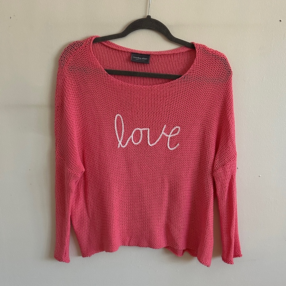 Wooden Ships Pink Sweater with White 'Love' Design